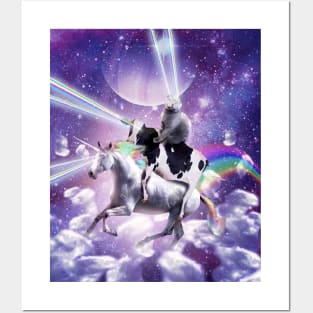 Laser Eyes Space Cat On Cow Unicorn - Rainbow Posters and Art